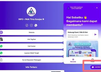 Ilustrasi antarmuka Chatbot 24 jam PAM Tirta Karajae di website resmi yang mempermudah pelanggan akses informasi layanan air.