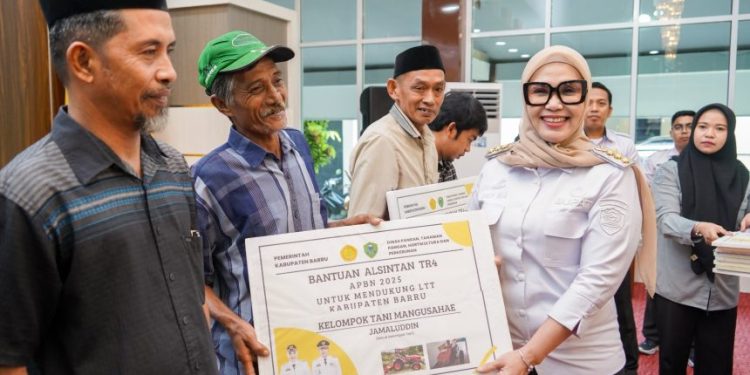 Bupati Barru Andi Ina Kartika Sari menyerahkan bantuan alsintan kepada kelompok tani di Baruga Singkeru Adae